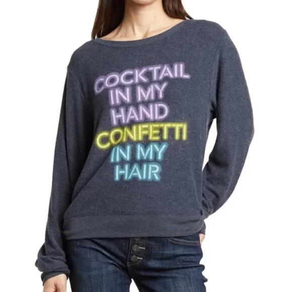 Wildfox "Cocktail In My Hand Confetti In My Hair" Sweatshirt, Navy Blazer - Picture 1 of 2